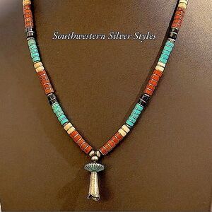 Southwestern Sterling Silver Navajo Pearls Turquoise Squash Blossom Necklace